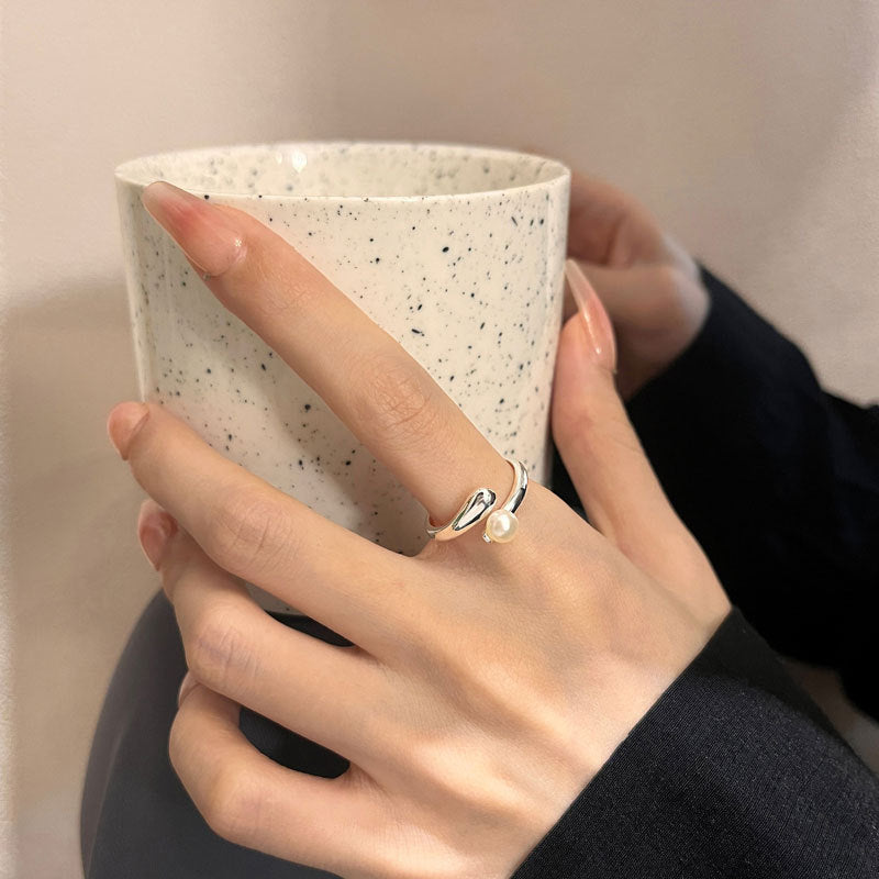 S925 sterling silver freshwater pearl ring women's open ring ins light luxury sense of luxury bright silver Korean version is versatile and fresh