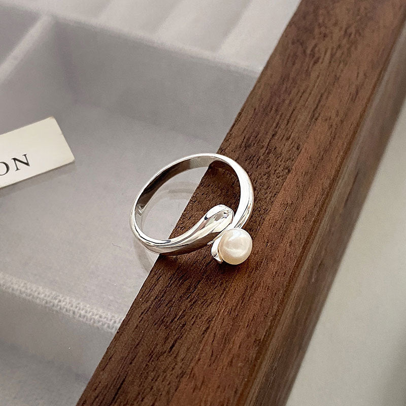 S925 sterling silver freshwater pearl ring women's open ring ins light luxury sense of luxury bright silver Korean version is versatile and fresh