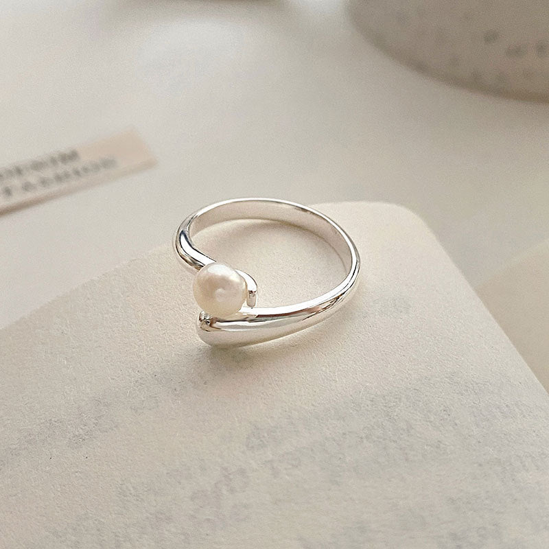 S925 sterling silver freshwater pearl ring women's open ring ins light luxury sense of luxury bright silver Korean version is versatile and fresh