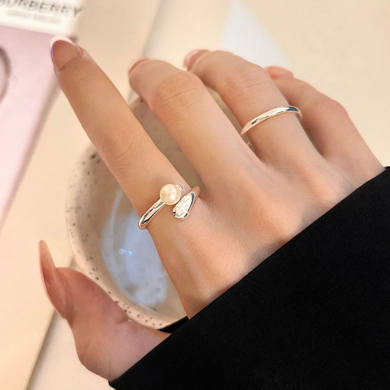 S925 sterling silver freshwater pearl ring women's open ring ins light luxury sense of luxury bright silver Korean version is versatile and fresh