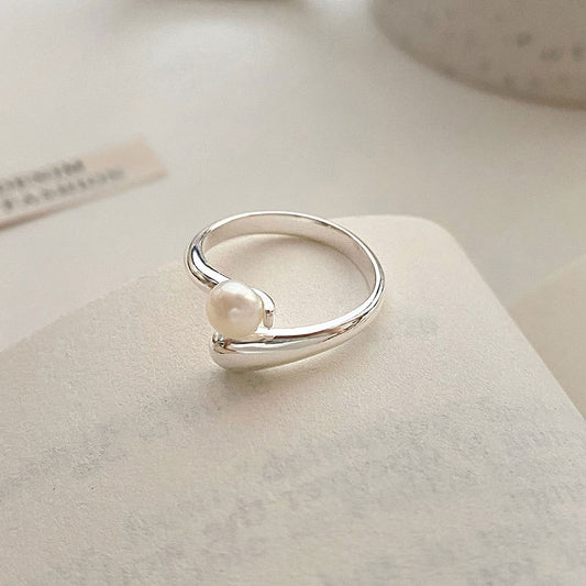 S925 sterling silver freshwater pearl ring women's open ring ins light luxury sense of luxury bright silver Korean version is versatile and fresh